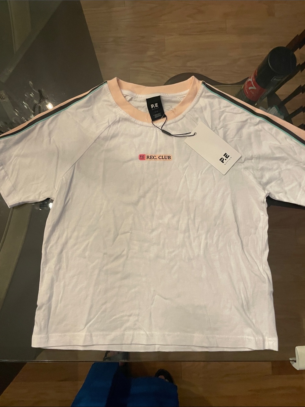 P.E Nation White Crewneck Tee with Peach Trim and Teal  Stripe new with tags med